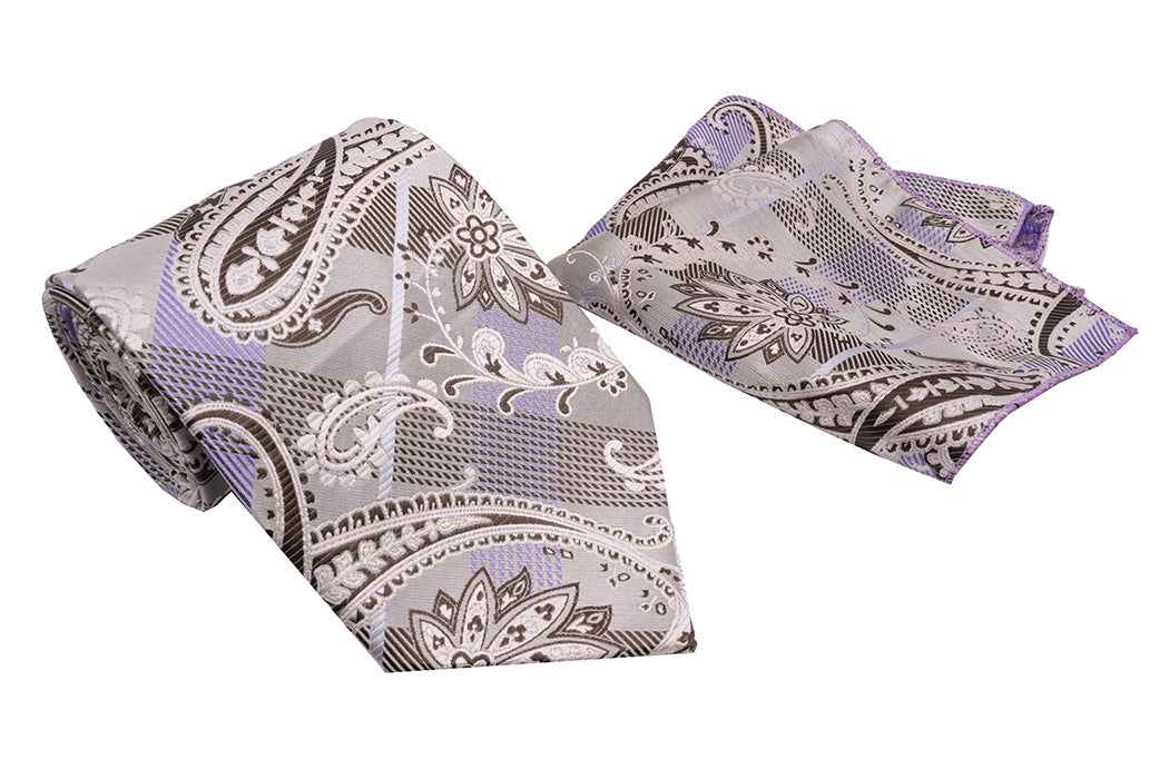 Black Silver Plaid and Paisley Pattern Men's Classic Tie and Pocket Square Set