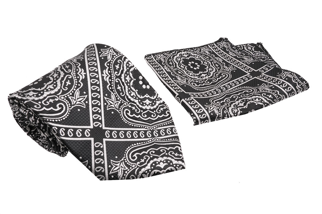 Black Silver Plaid and Paisley Pattern Men's Classic Tie and Pocket Square Set