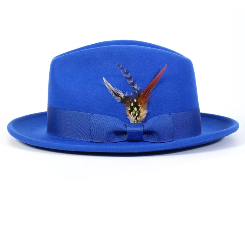 Wool Felt Fedora Pinch Front with Feather Accent in Royal