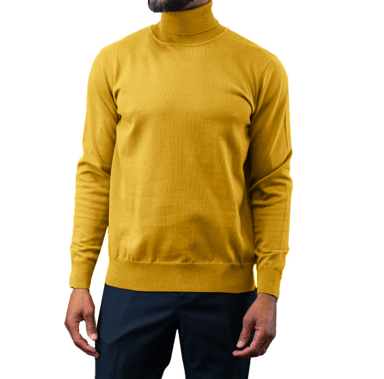 Yellow turtleneck sweater worn by a person on a white background