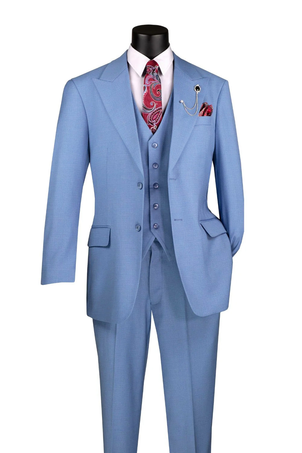 Light blue suit with a patterned tie on a white background