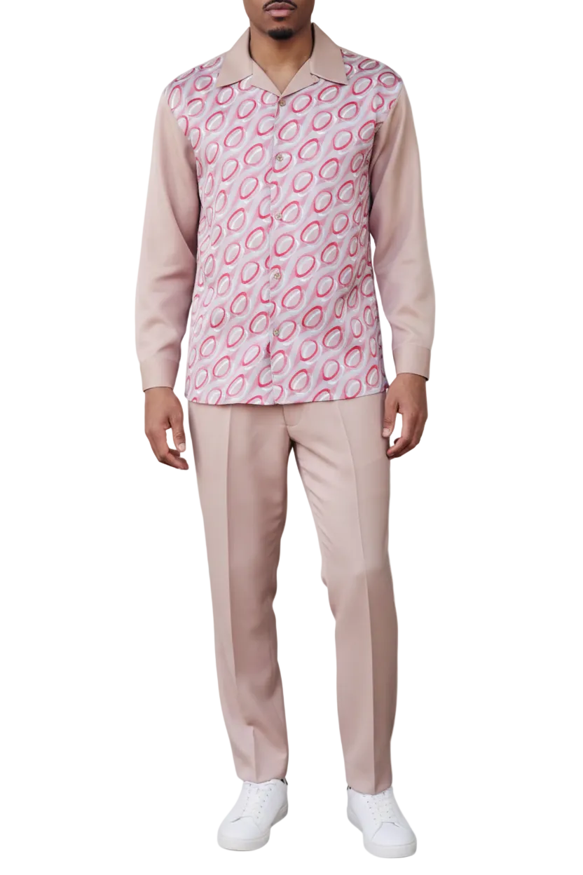  Tan Geometric Circle Pattern Long Sleeve Walking Suit