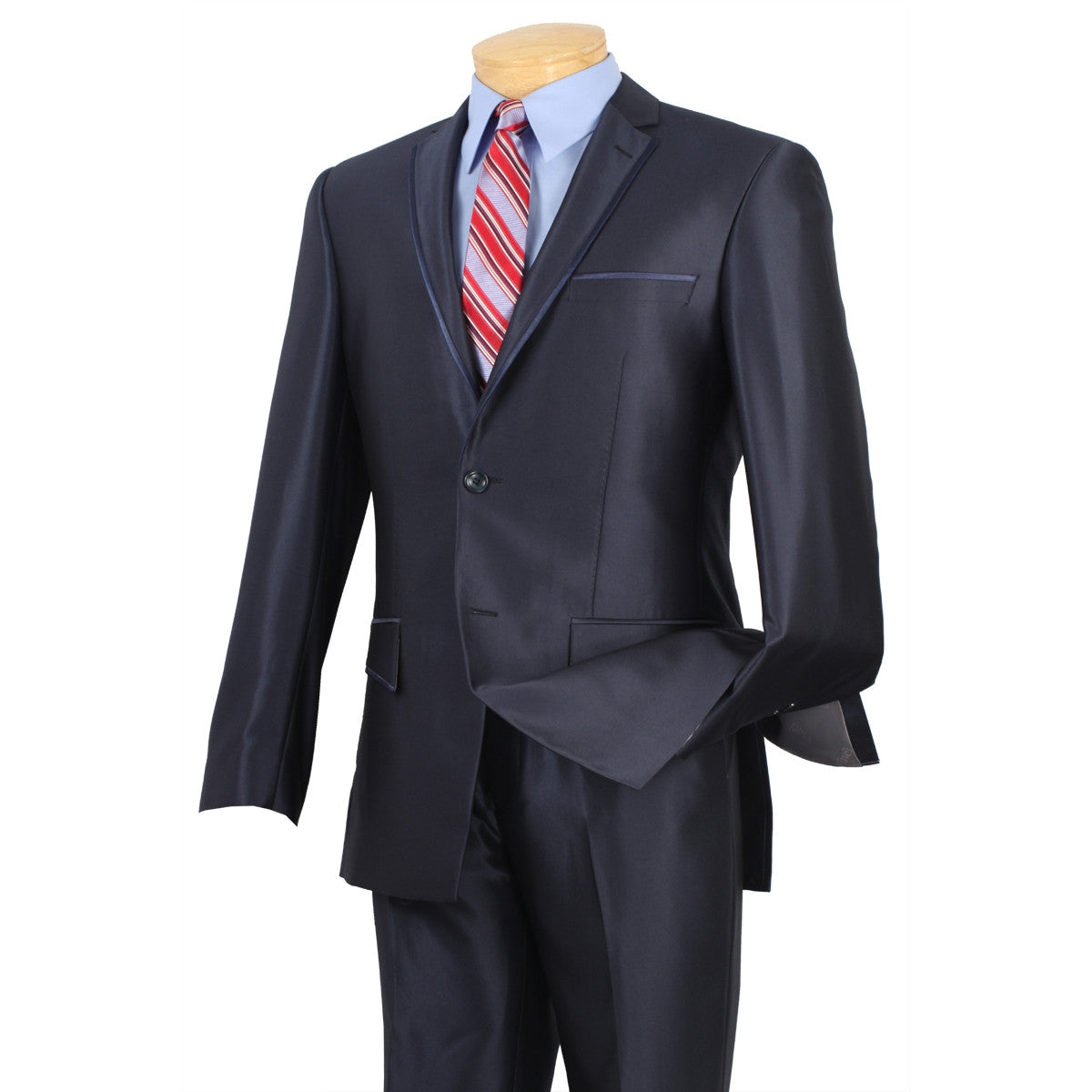 (40S, 50R) Slim Fit Men's Suit 2 Piece 2 Buttons  Shiny Sharkskin in Blue