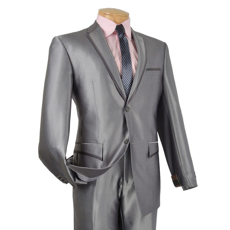 (38R) Gray Slim Fit Men's Shiny Sharkskin Suit 2 Piece 2 Buttons Shark Skin