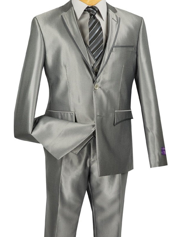 Designed Shiny Sharkskin Suit Ultra Slim Fit 3 Piece in Gray