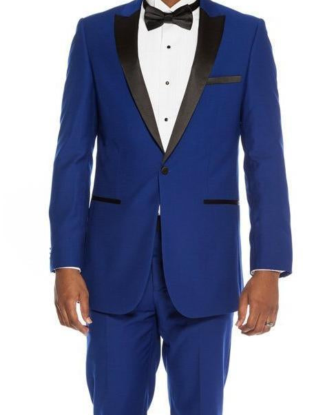 Slim Fit Blue 2 Piece Tuxedo With Satin Peak Lapel