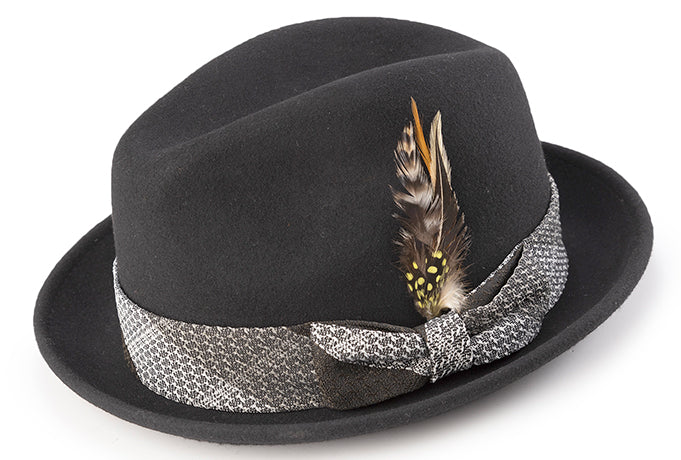 Wool Pinch Front Black Fedora with Feather Accent
