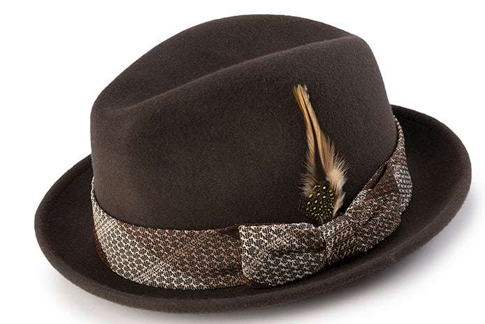 Wool Felt Pinch Front Brown Fedora with Feather Accent