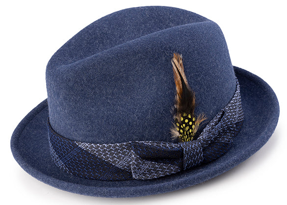 Wool Felt Pinch Front Navy Fedora with Feather Accent