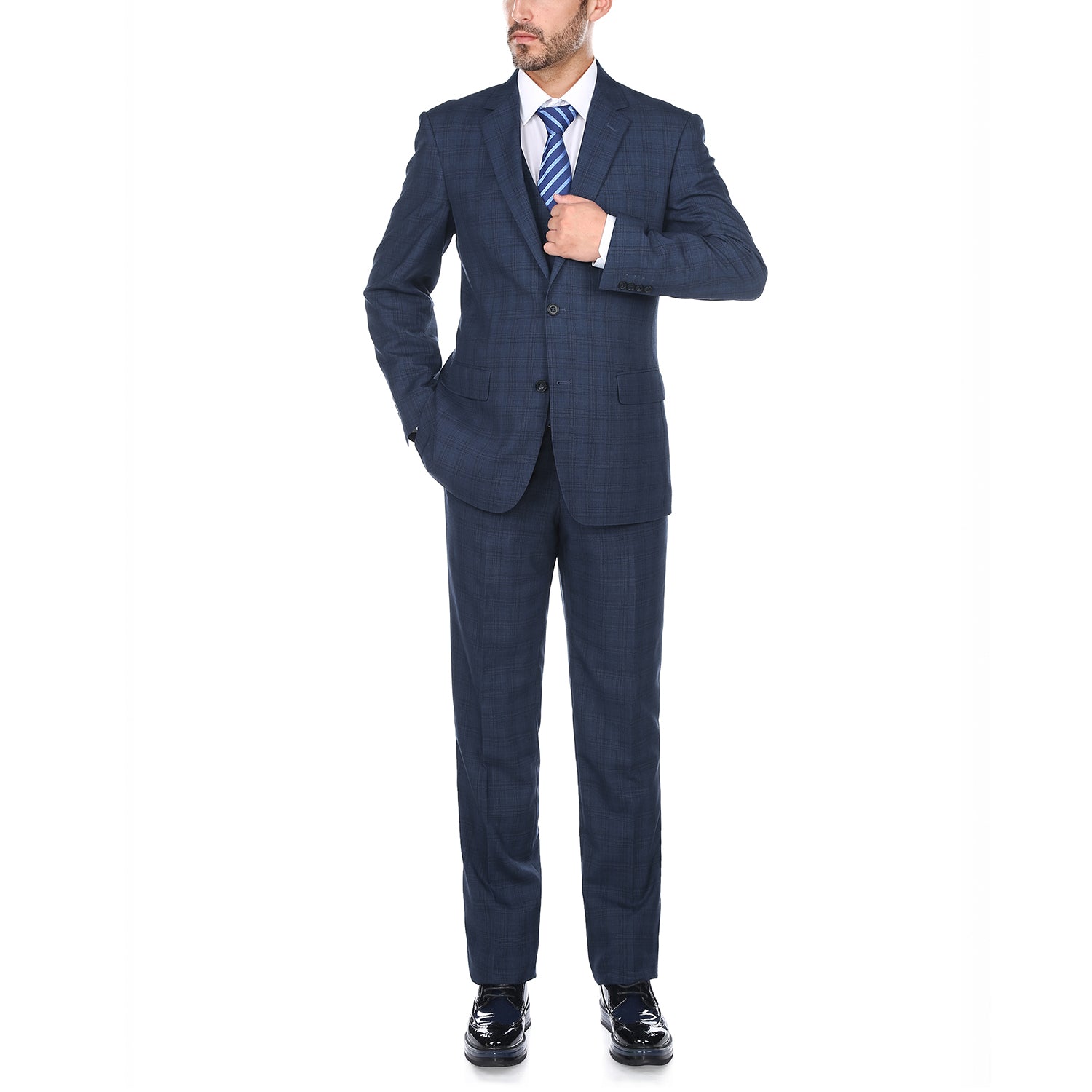 San Gemini Collection - 3 Piece Suit 2 Buttons Blue Glen Plaid Regular Fit