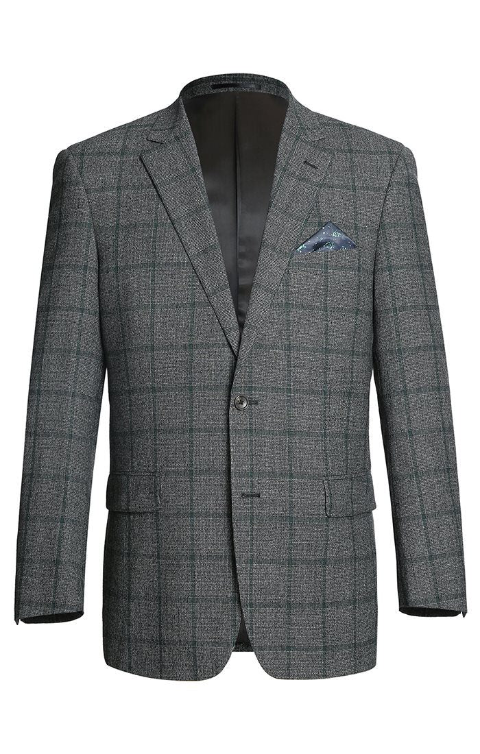 (42R, 44L) Wool Blend Plaid Pattern Regular Fit 2 Button Blazer in Grayish Brown