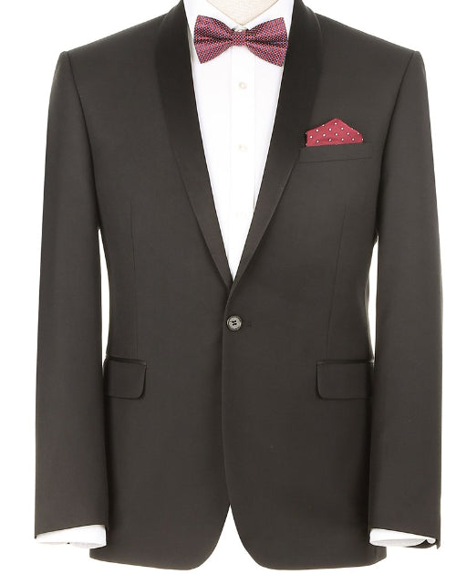 Close-up of a solid black bow tie and collar of the Renoir Black 2 Piece Tuxedo Shawl Lapel Slim Fit.