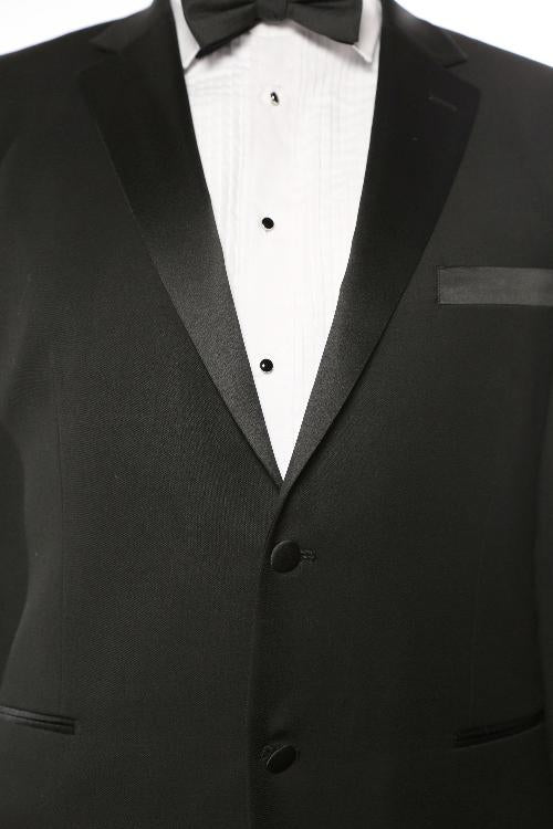 Front view of solid Regular Fit 2 Piece Black Renoir Tuxedo jacket, showing collar, buttons, and a bow tie.