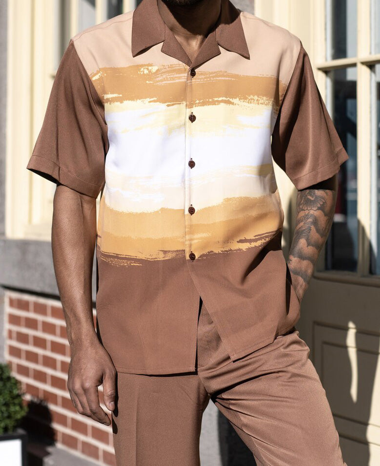 Cinnamon Brush Paint Print Men's 2 Piece Walking Suit Summer Short Sleeves