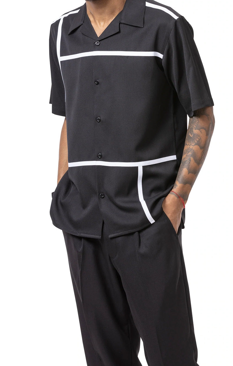 (L/36) Black 2 Piece Short Sleeve Men's Summer Walking Suit Minimalist Straight Lines Design