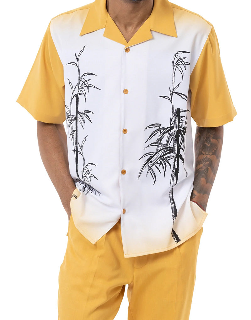 Gold Tropical Print 2 Piece Short Sleeve Walking Suit Set