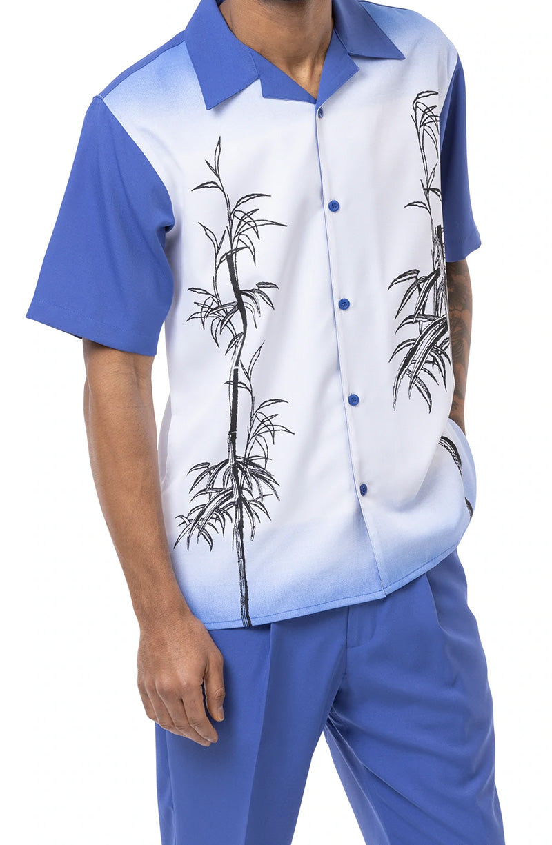 Royal Blue Tropical Print 2 Piece Short Sleeve Walking Suit Set