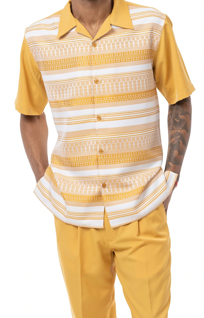 Gold 2 Piece Short Sleeve Men's Summer Walking Suit Horizontal Stripe Pattern