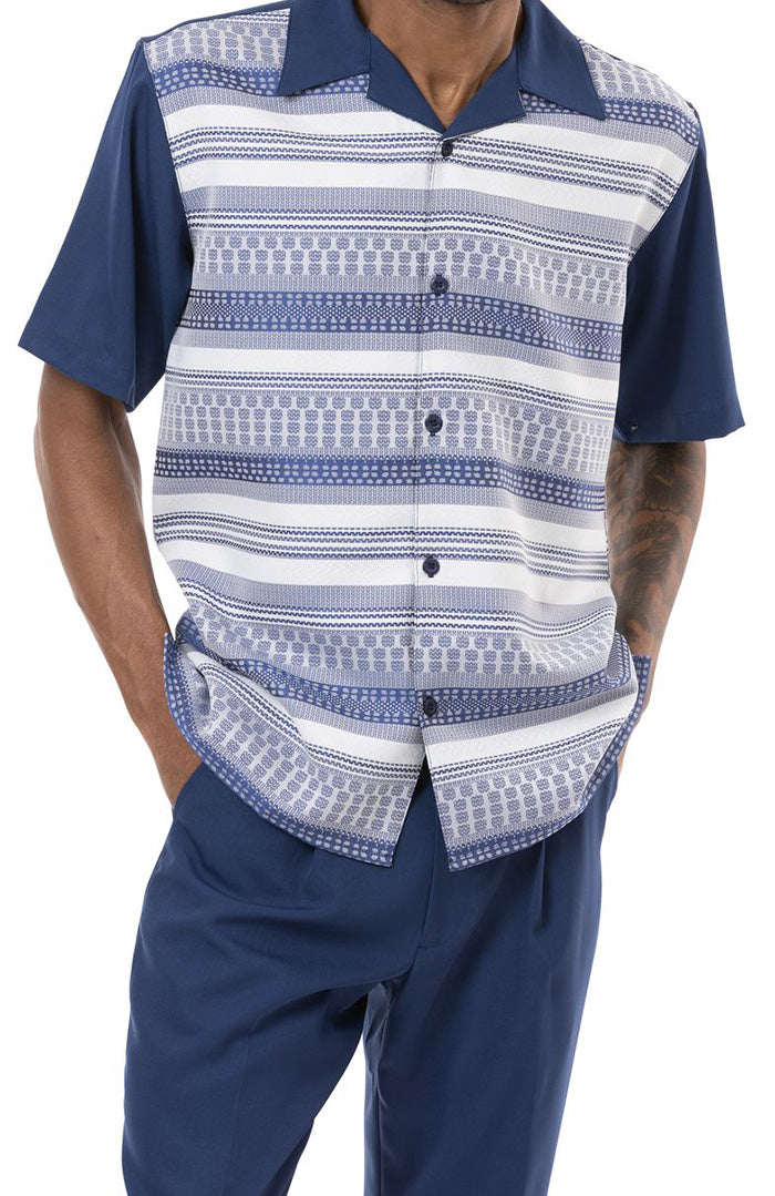 Navy 2 Piece Short Sleeve Men's Summer Walking Suit Horizontal Stripe Pattern
