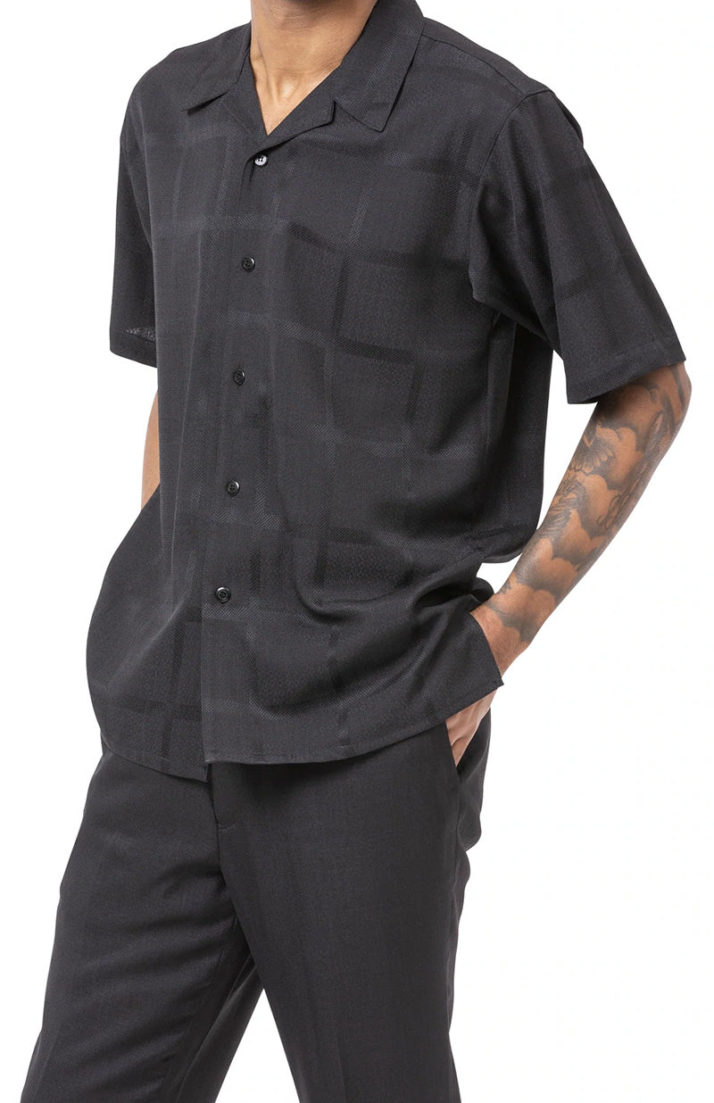 Black 2 Piece Short Sleeve Men's Summer Walking Suit Tone on Tone Windowpane