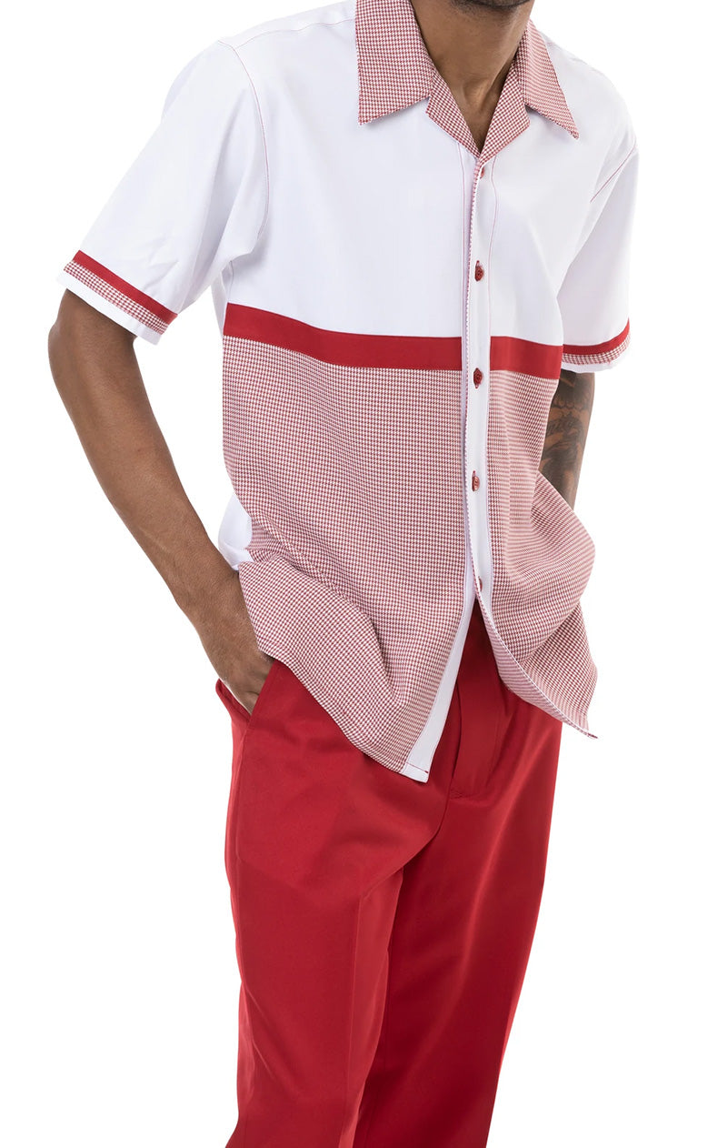 Red 2 Piece Short Sleeve Men's Summer Walking Suit Color Block Design