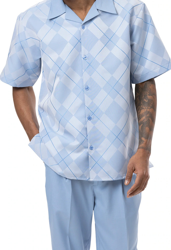Carolina Blue 2 Piece Short Sleeve Men's Summer Walking Suit Argyle Pattern