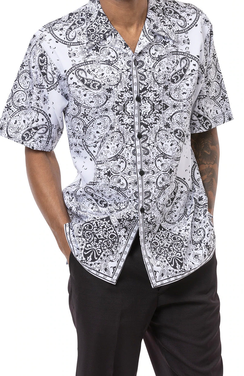 Black 2 Piece Short Sleeve Men's Summer Walking Suit Paisley Print