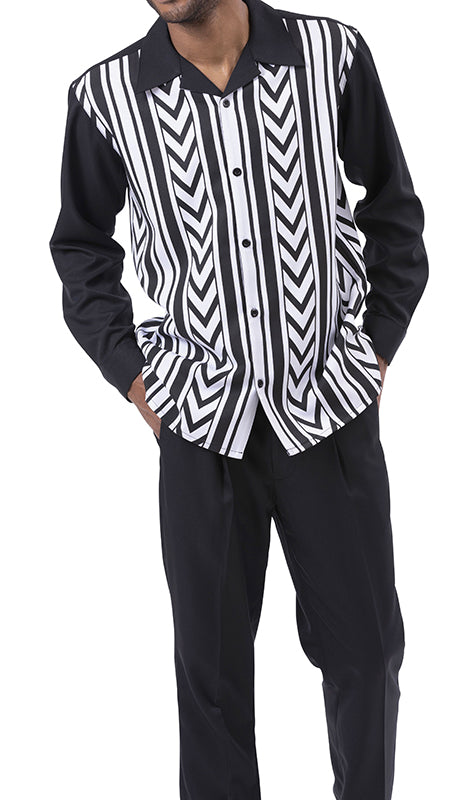 (4XL/50) Black Chevron Pattern Design 2 Piece Long Sleeve Walking Suit Set
