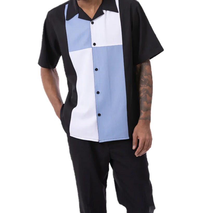 Carolina Blue Color Block Walking Suit 2 Piece Short Sleeve Set