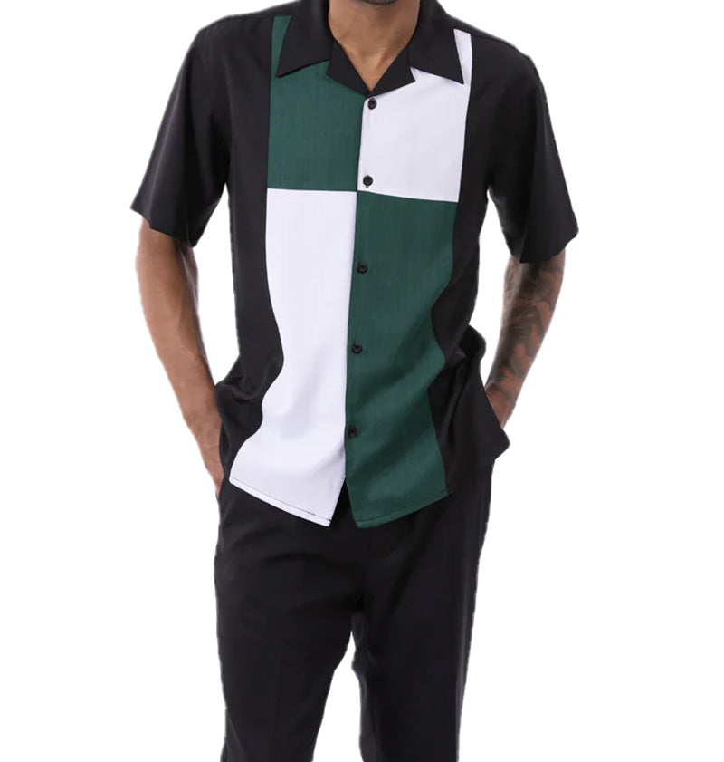 Emerald Green Color Block Walking Suit 2 Piece Short Sleeve Set