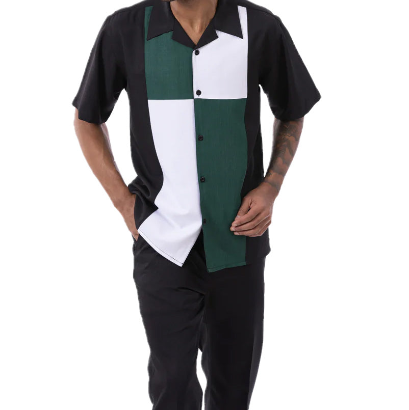 Emerald Green Color Block Walking Suit 2 Piece Short Sleeve Set
