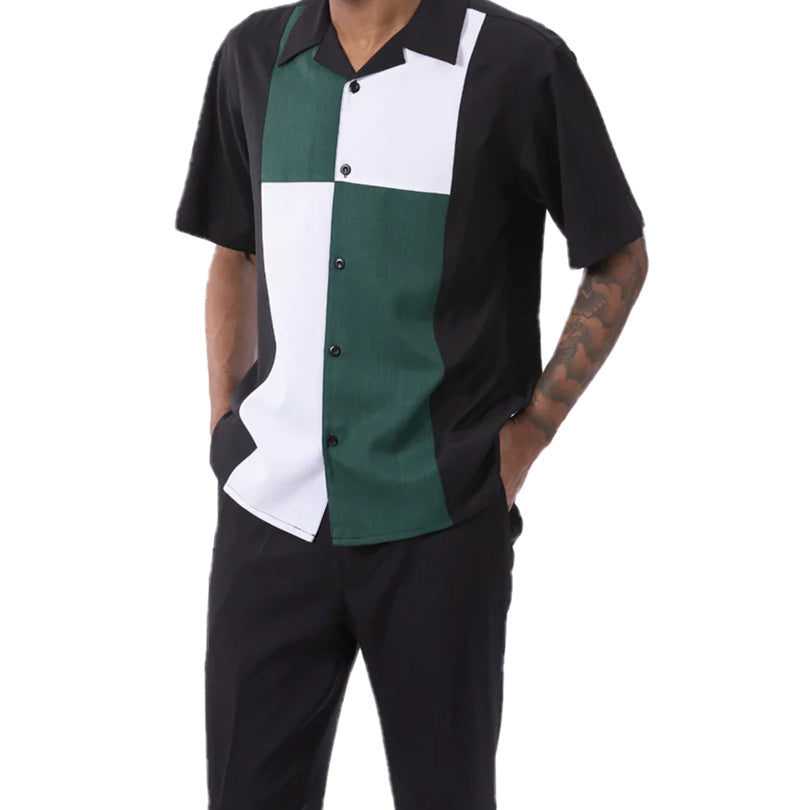 Emerald Green Color Block Walking Suit 2 Piece Short Sleeve Set