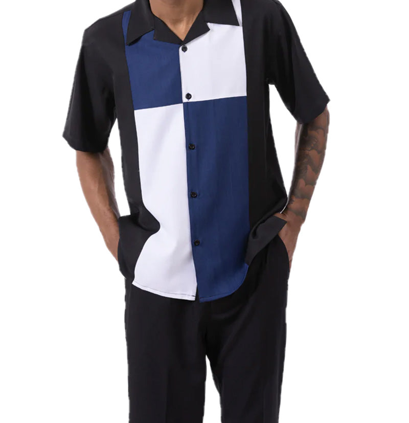 Navy Color Block Walking Suit 2 Piece Short Sleeve Set