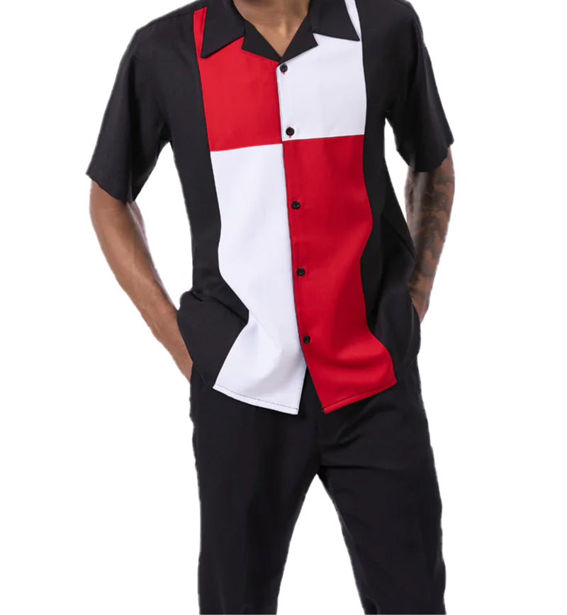 Red Color Block Walking Suit 2 Piece Short Sleeve Set