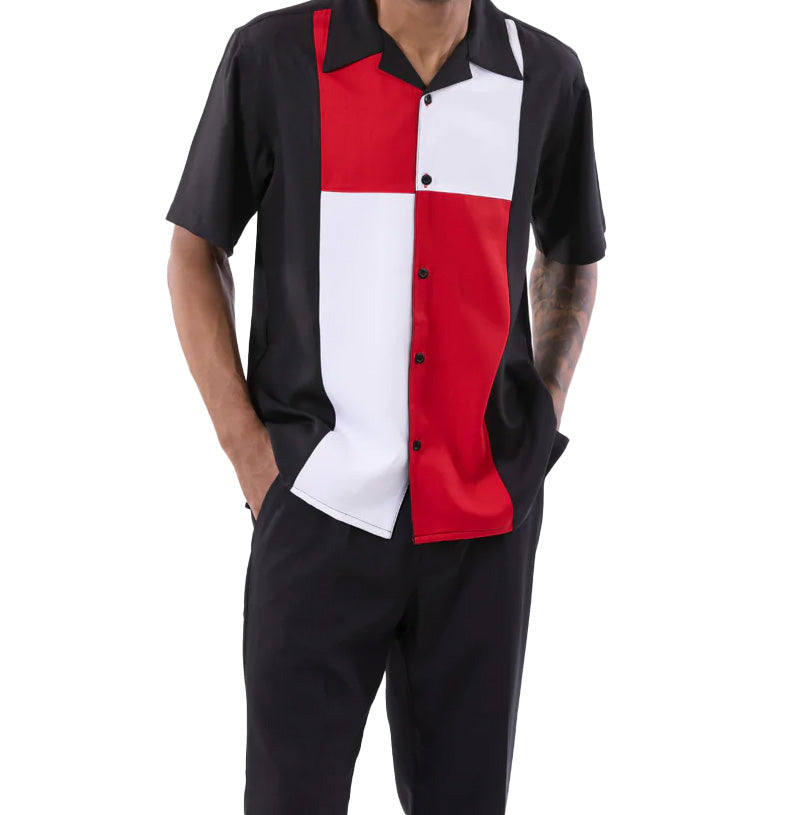 Red Color Block Walking Suit 2 Piece Short Sleeve Set