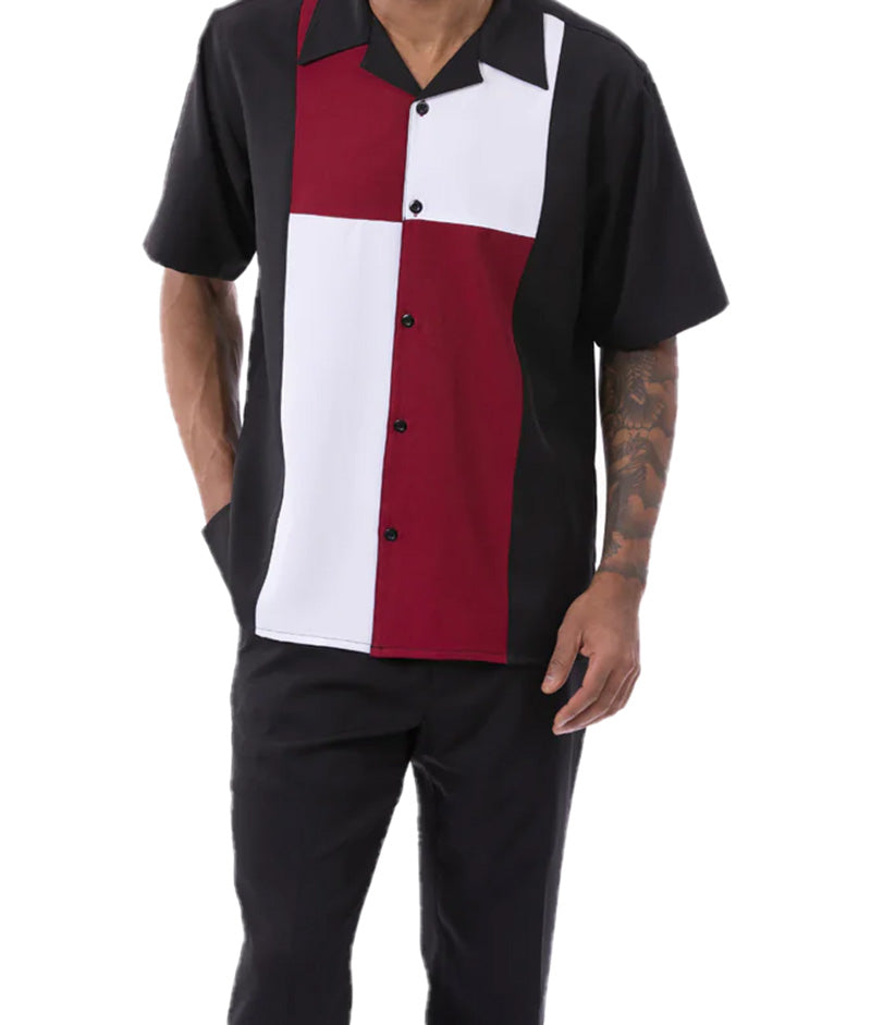 Burgundy Color Block Walking Suit 2 Piece Short Sleeve Set