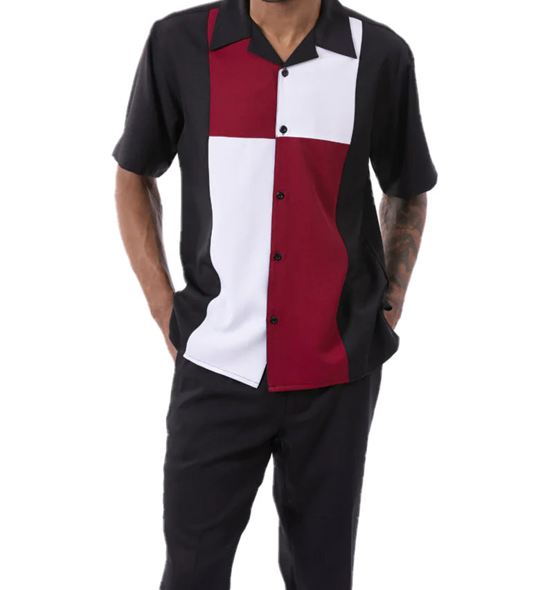Burgundy Color Block Walking Suit 2 Piece Short Sleeve Set