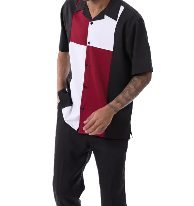 Burgundy Color Block Walking Suit 2 Piece Short Sleeve Set