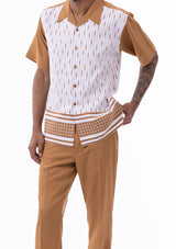 Cognac Abstract Design Walking Suit 2 Piece Short Sleeve Set