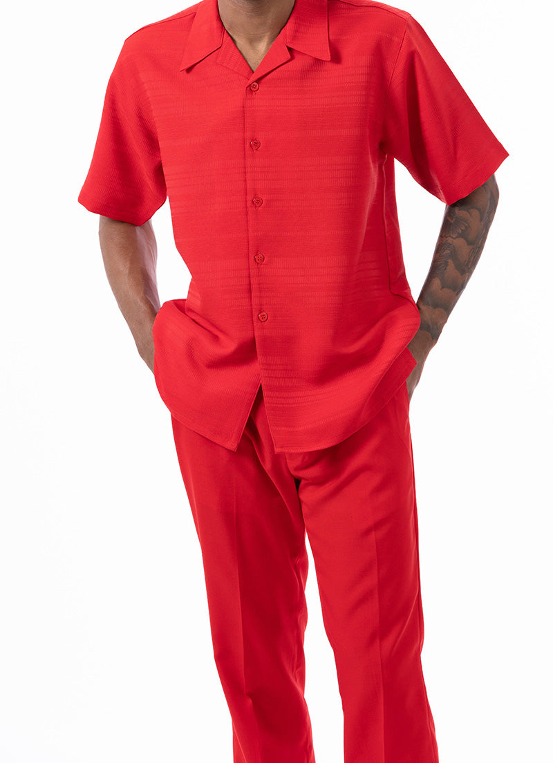 Red Tone on Tone Horizontal Stripes Walking Suit 2 Piece Short Sleeve Set