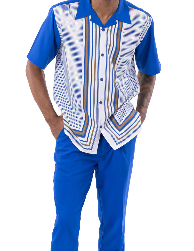 Cobalt Blue Symmetry Pattern Walking Suit 2 Piece Short Sleeve Set