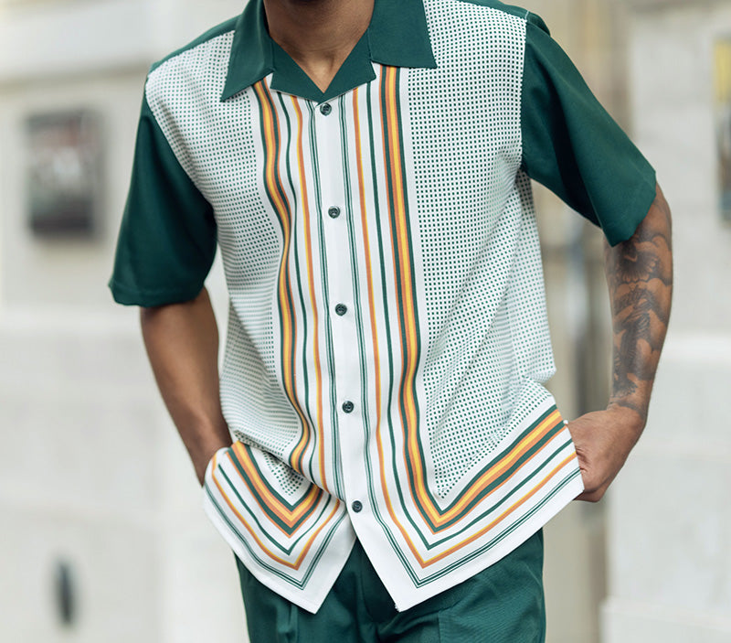 Emerald Green Symmetry Pattern Walking Suit 2 Piece Short Sleeve Set