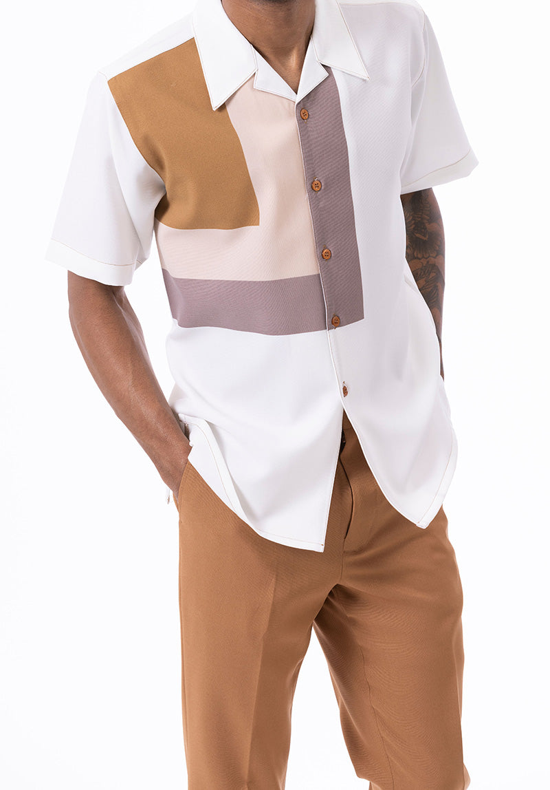 Cognac Geometric Design Walking Suit 2 Piece Short Sleeve Set