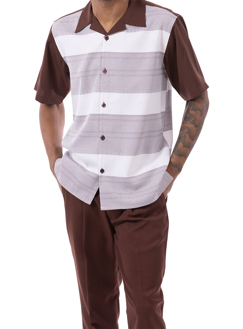 Brown Horizontal Stripes Design 2 Piece Short Sleeve Walking Suit Set