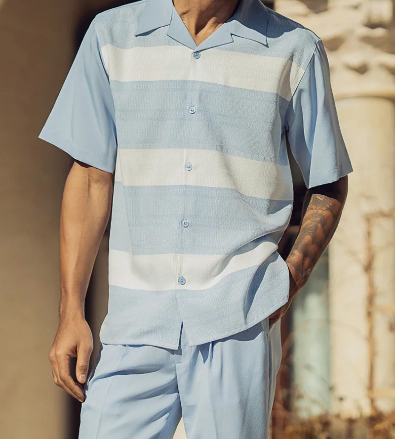 Carolina Blue Horizontal Stripes Design 2 Piece Short Sleeve Walking Suit Set