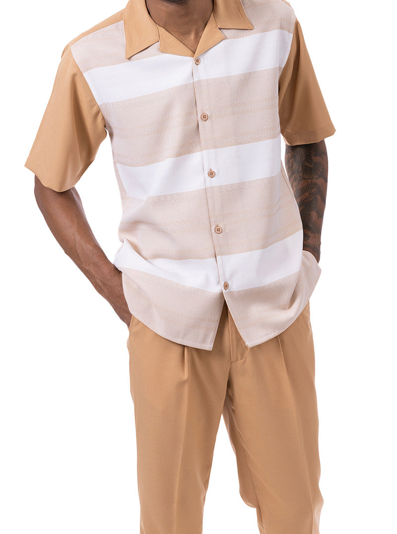 Tan Horizontal Stripes Design 2 Piece Short Sleeve Walking Suit Set