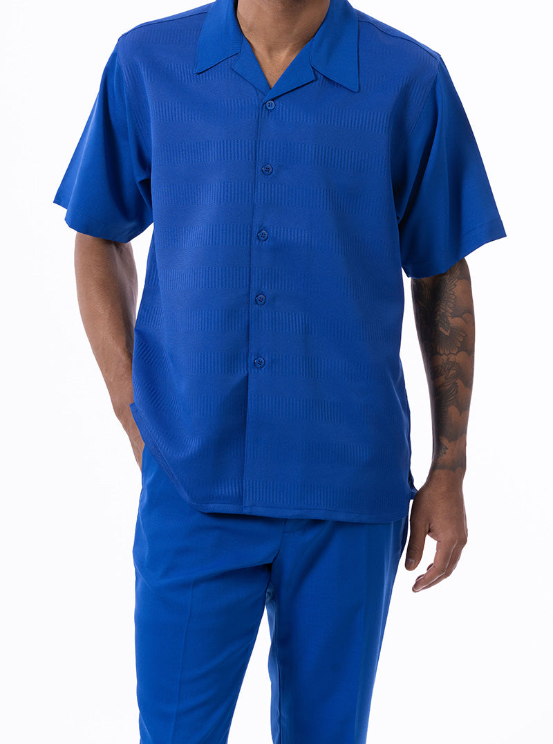 Cobalt Blue Walking Suit Tone on Tone Vertical Stripes 2 Piece Short Sleeve Set