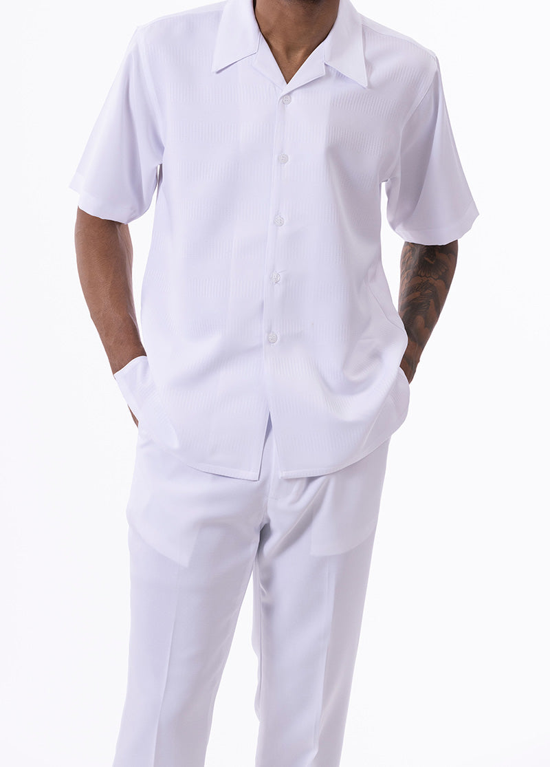 White Walking Suit Tone on Tone Vertical Stripes 2 Piece Short Sleeve Set