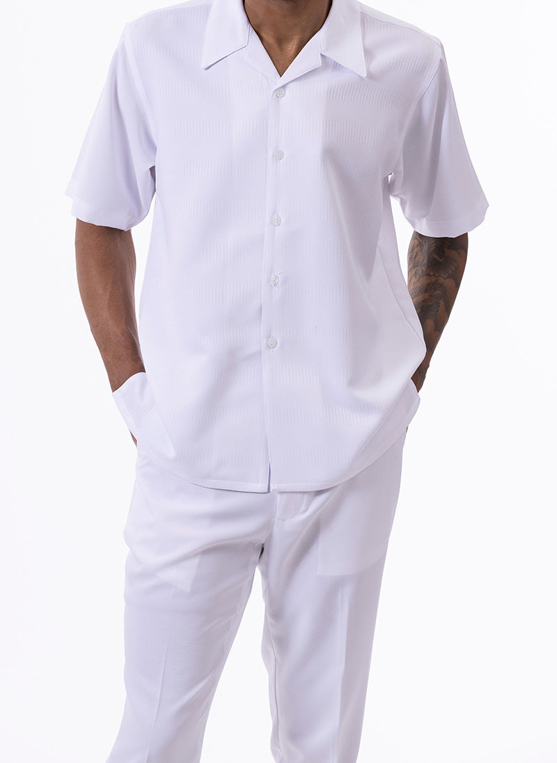 White Walking Suit Tone on Tone Vertical Stripes 2 Piece Short Sleeve Set