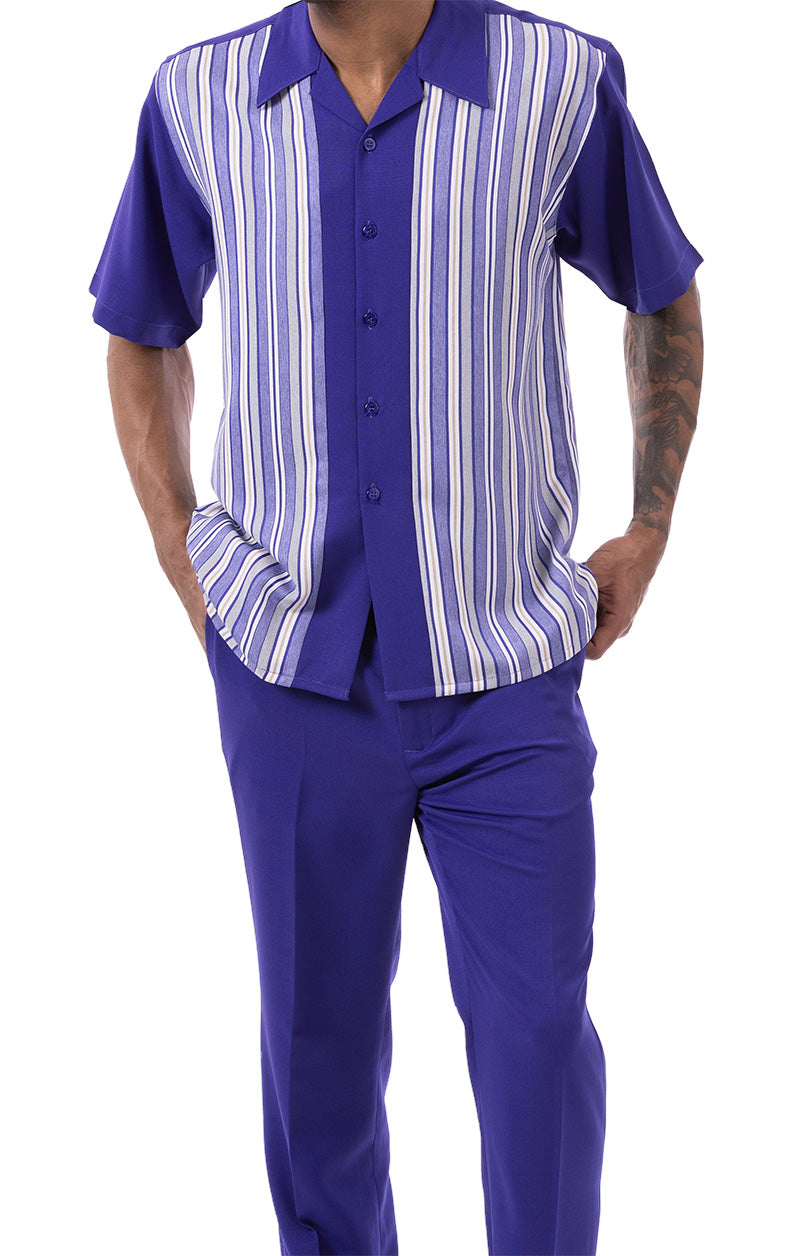 Purple Tone on Tone Stripes Walking Suit 2 Piece Short Sleeve Set